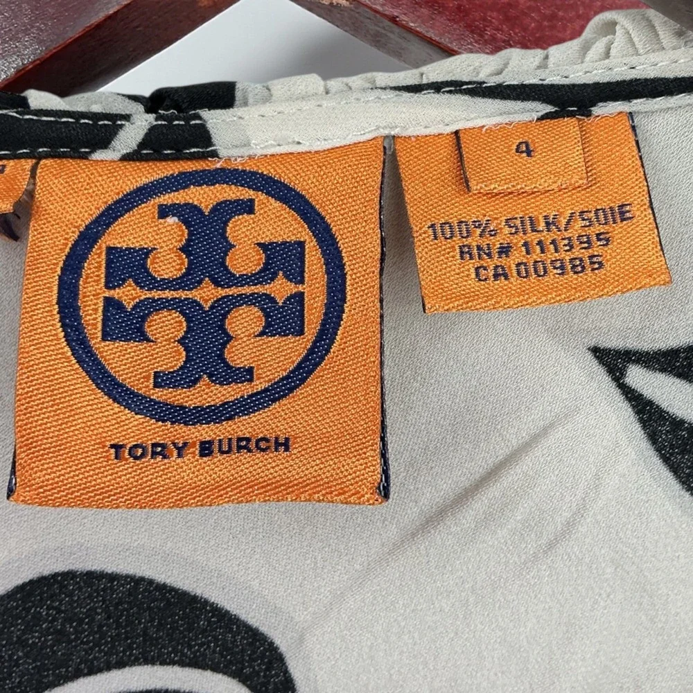 Tory Burch Silk Floral Ruffle Neck‎ Sleeveless Top Womens Size 4 Black White